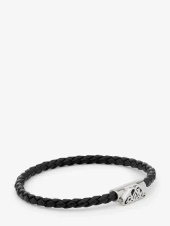 Fashion Alexander McQueen Men's Seal Logo Leather Bracelet in Black/Antique Silver