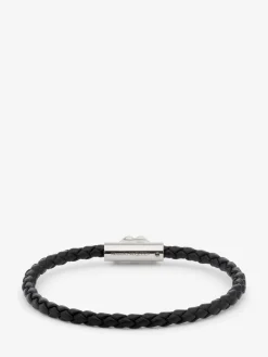 Fashion Alexander McQueen Men's Seal Logo Leather Bracelet in Black/Antique Silver