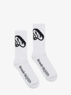 New Alexander McQueen Men's Seal Logo Socks in Ivory/Black