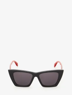 Outlet Alexander McQueen Men's Selvedge Cat-eye Sunglasses in Black/Red
