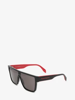 Best Alexander McQueen Men's Selvedge Oversized Mask Sunglasses in Black Red
