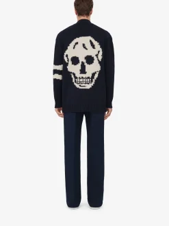 Cheap Alexander McQueen Men's Skull Intarsia Cardigan in Navy/Cream