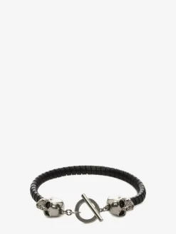 Online Alexander McQueen Men's Skull Leather Bracelet in Black