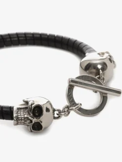 Online Alexander McQueen Men's Skull Leather Bracelet in Black