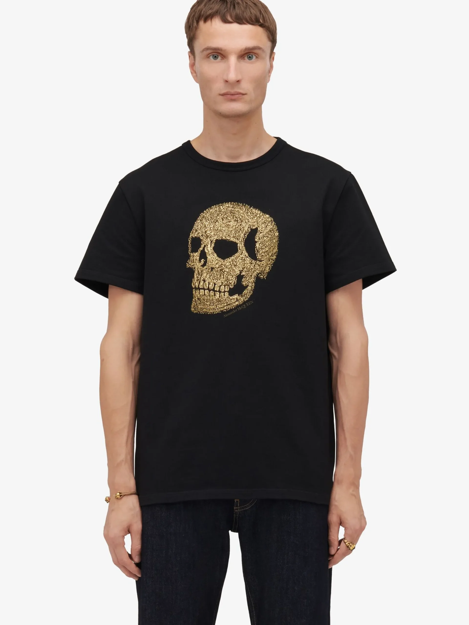 Shop Alexander McQueen Men's Skull T-shirt in Black/ Gold