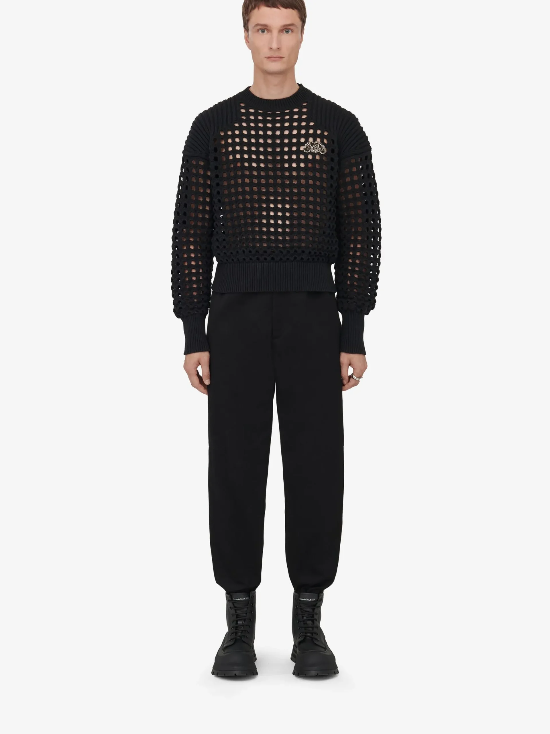 New Alexander McQueen Men's Textured Mesh Jumper in Black/Crystal