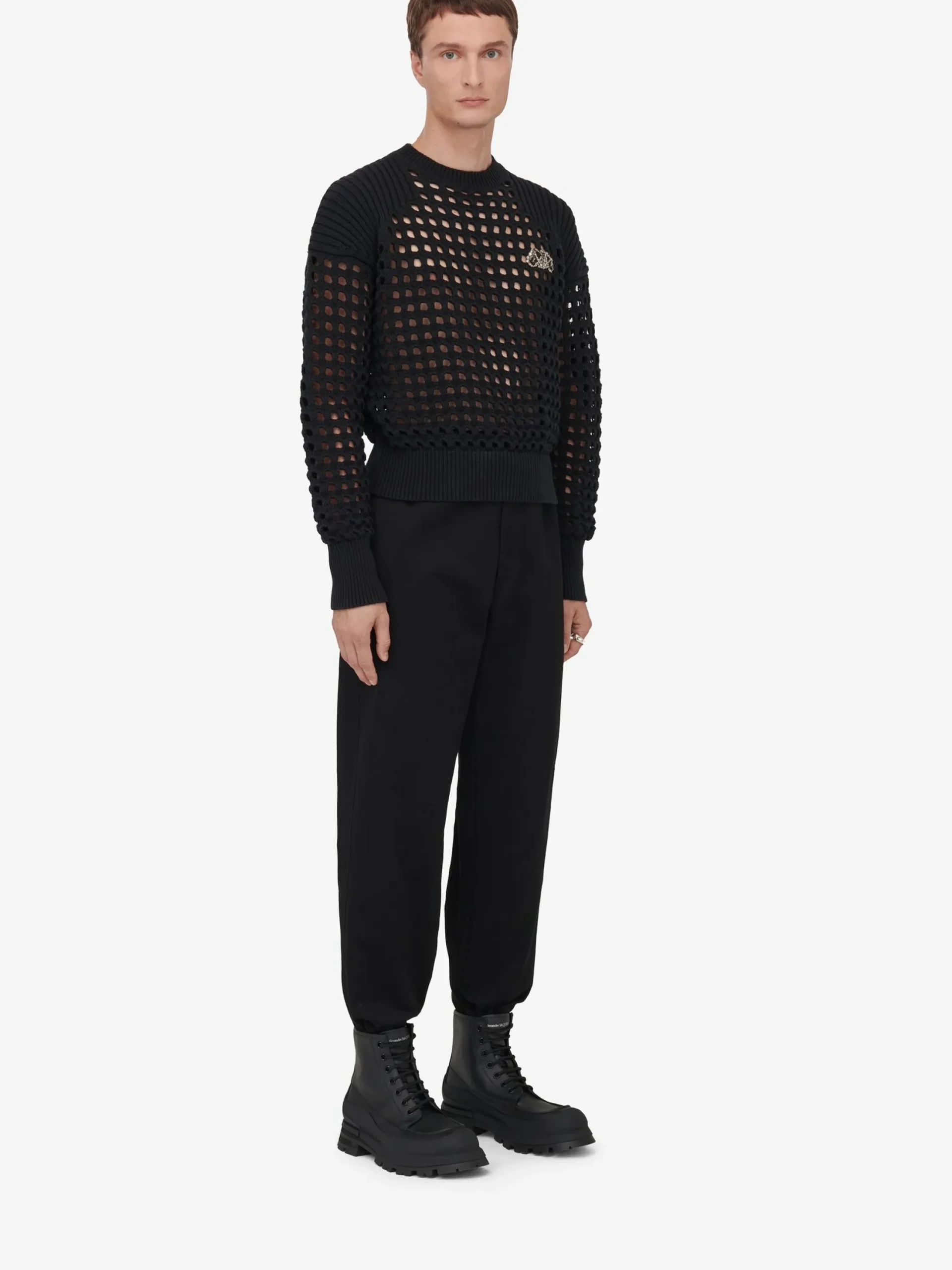 New Alexander McQueen Men's Textured Mesh Jumper in Black/Crystal