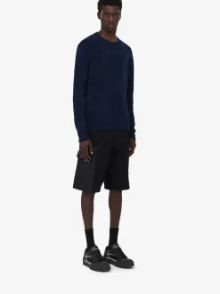 New Alexander McQueen Men's Textured Skull Jumper in Navy