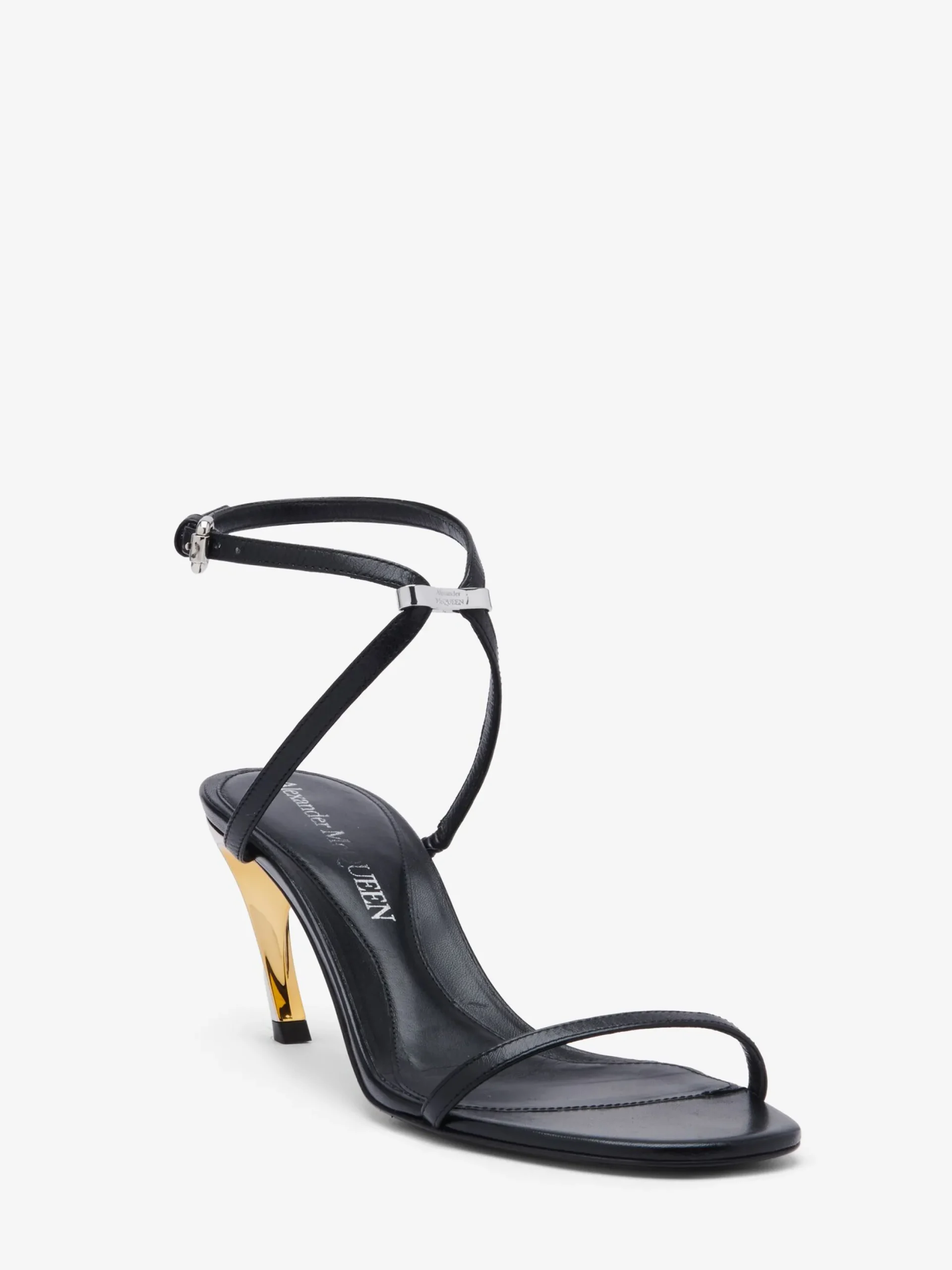 Store Alexander McQueen Women's Armadillo Metal Bar Sandal in Black/Silver/Gold