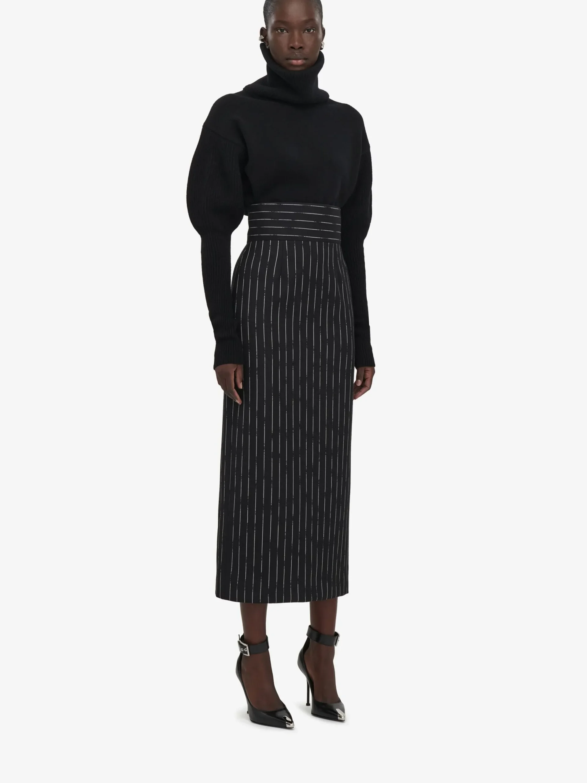 Store Alexander McQueen Women's Broken Pinstripe Pencil Skirt in Black/Ivory