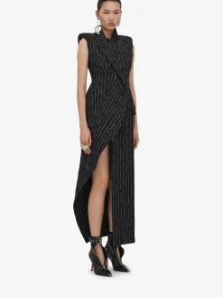 Sale Alexander McQueen Women's Broken Pinstripe Tailored Dress in Black/Ivory
