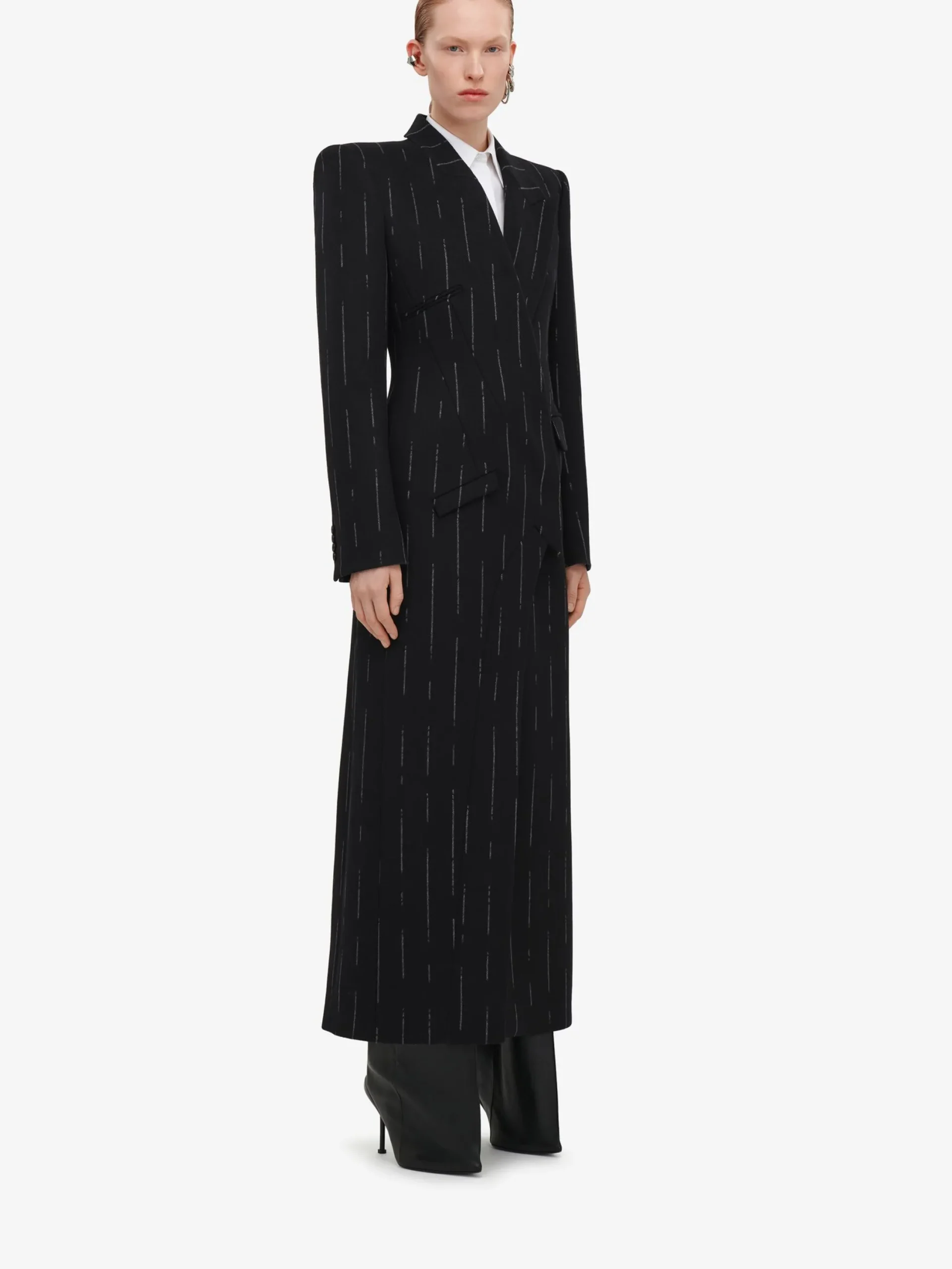 Best Alexander McQueen Women's Broken Pinstripe Tailored Coat in Black/Ivory