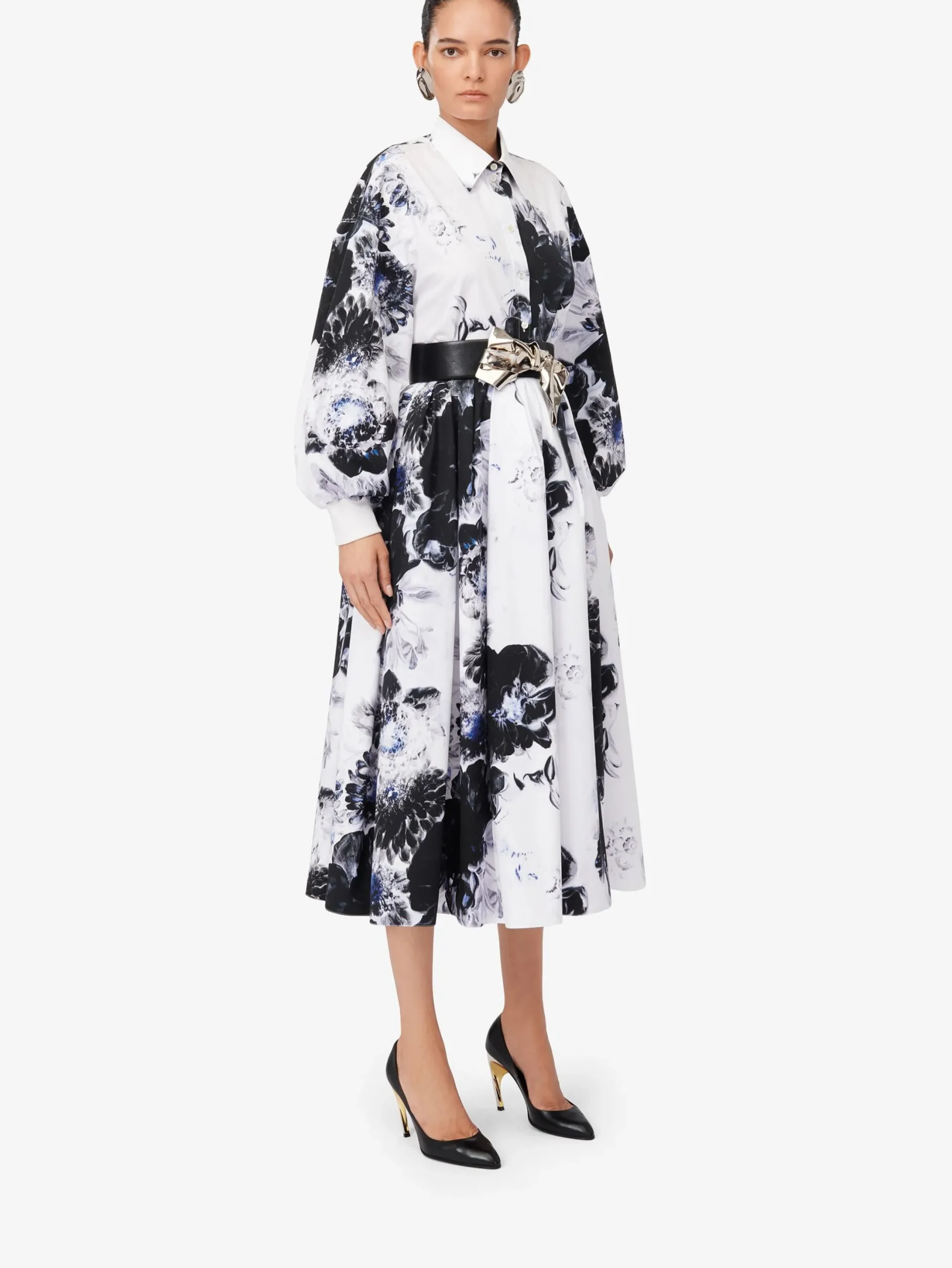 Fashion Alexander McQueen Women's Chiaroscuro Cocoon Shirt in White/Black/Electric Blue