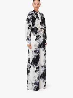 Hot Alexander McQueen Women's Chiaroscuro Cocoon Sleeve Shirt in White/Black/Electric Blue