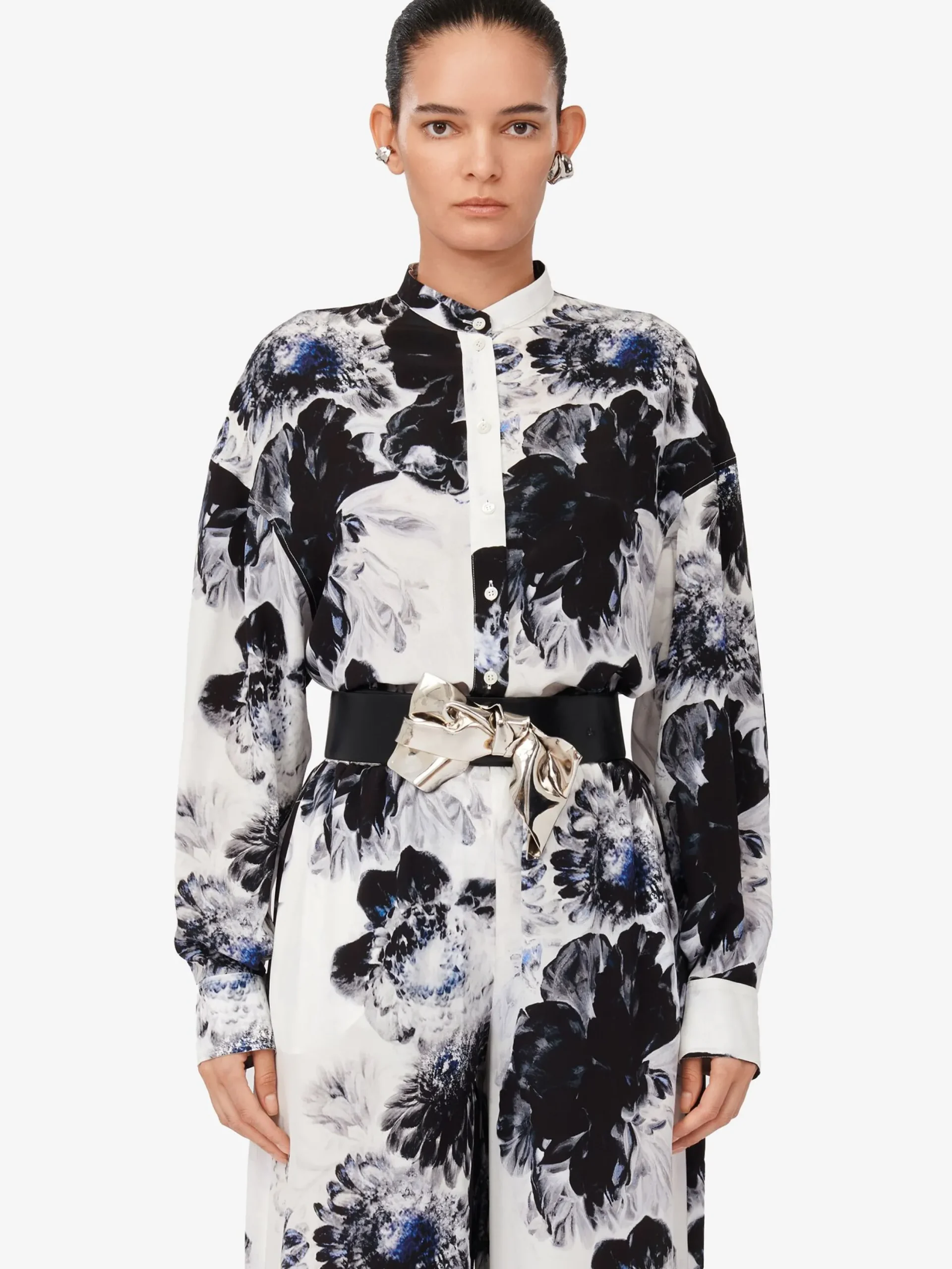 Hot Alexander McQueen Women's Chiaroscuro Cocoon Sleeve Shirt in White/Black/Electric Blue
