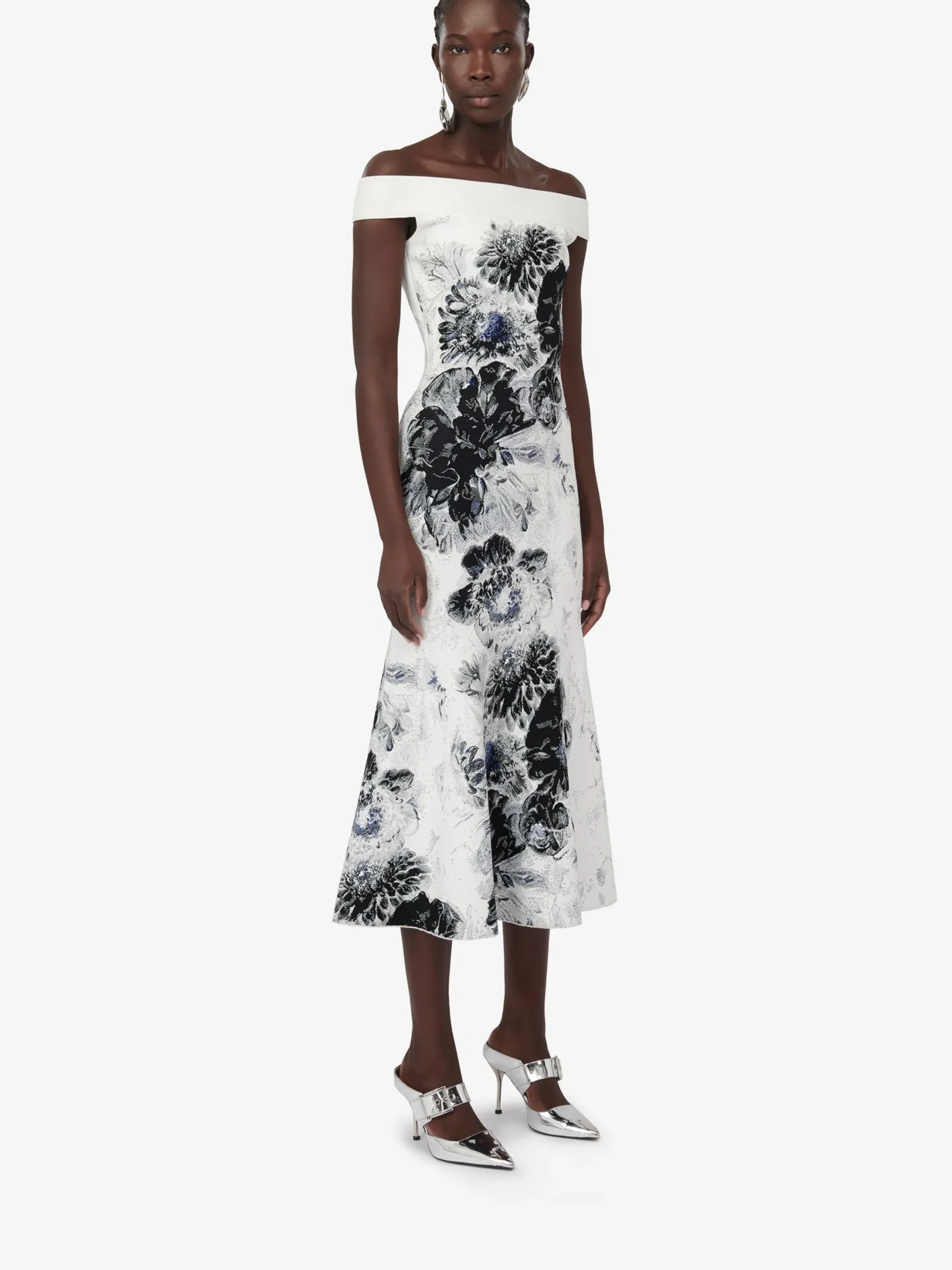 Flash Sale Alexander McQueen Women's Chiaroscuro Jacquard Dress in White/Black/Blue