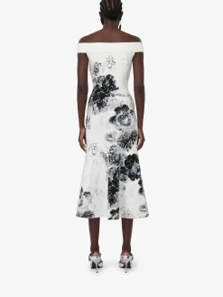 Flash Sale Alexander McQueen Women's Chiaroscuro Jacquard Dress in White/Black/Blue