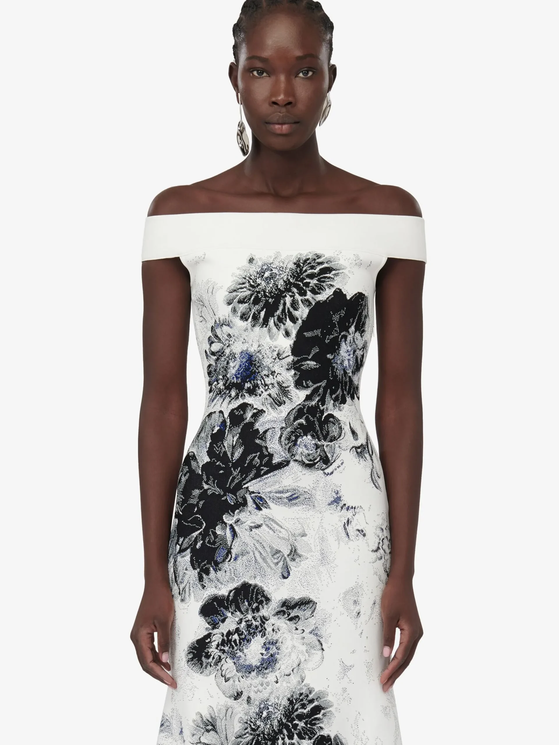 Flash Sale Alexander McQueen Women's Chiaroscuro Jacquard Dress in White/Black/Blue
