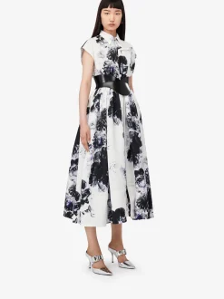 Clearance Alexander McQueen Women's Chiaroscuro Shirt Dress in White/Black/Electric Blue