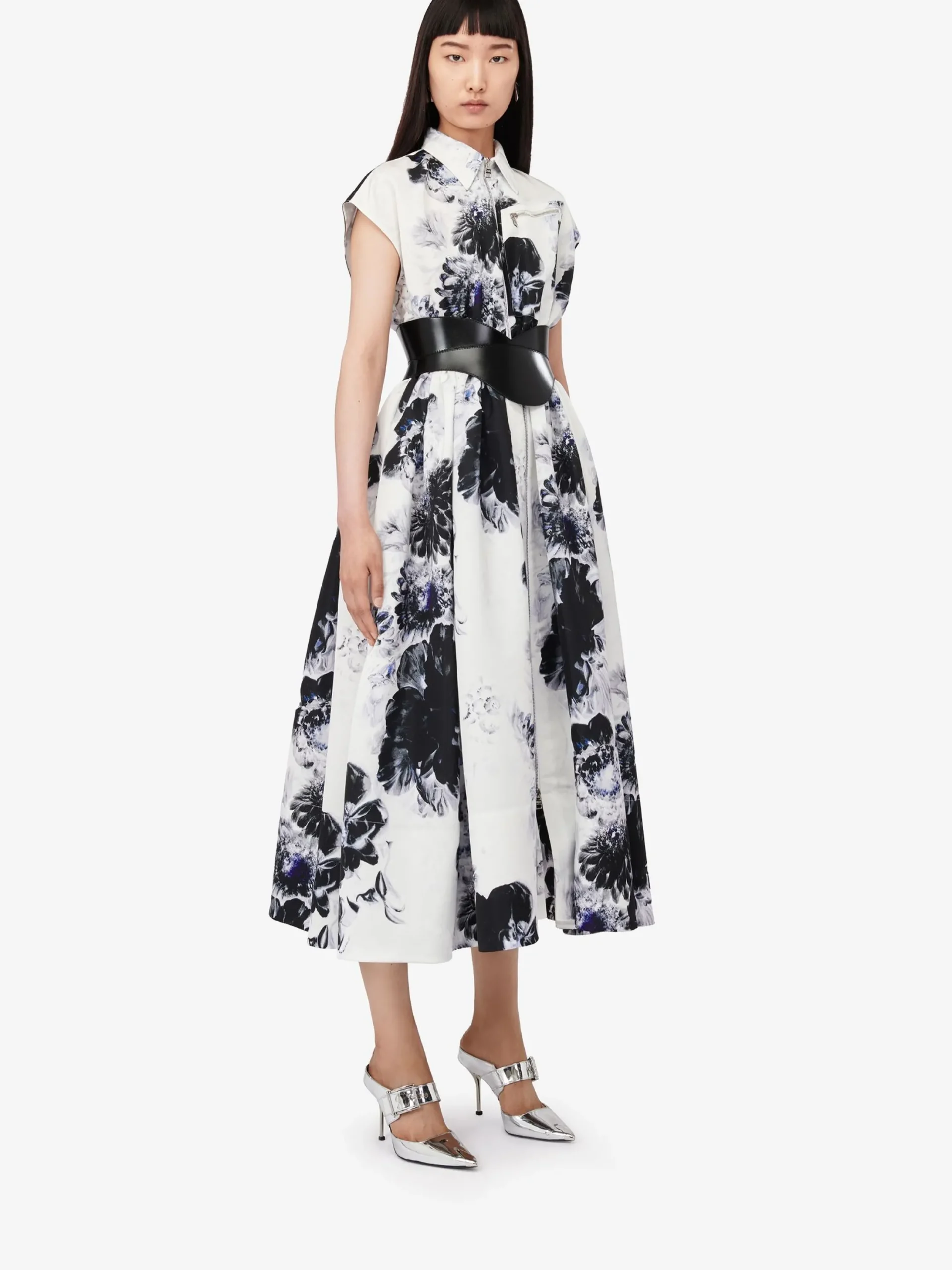 Clearance Alexander McQueen Women's Chiaroscuro Shirt Dress in White/Black/Electric Blue