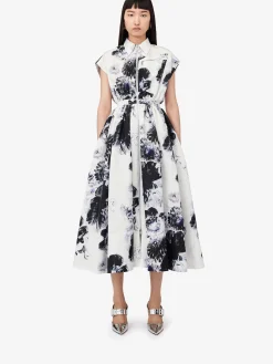 Clearance Alexander McQueen Women's Chiaroscuro Shirt Dress in White/Black/Electric Blue