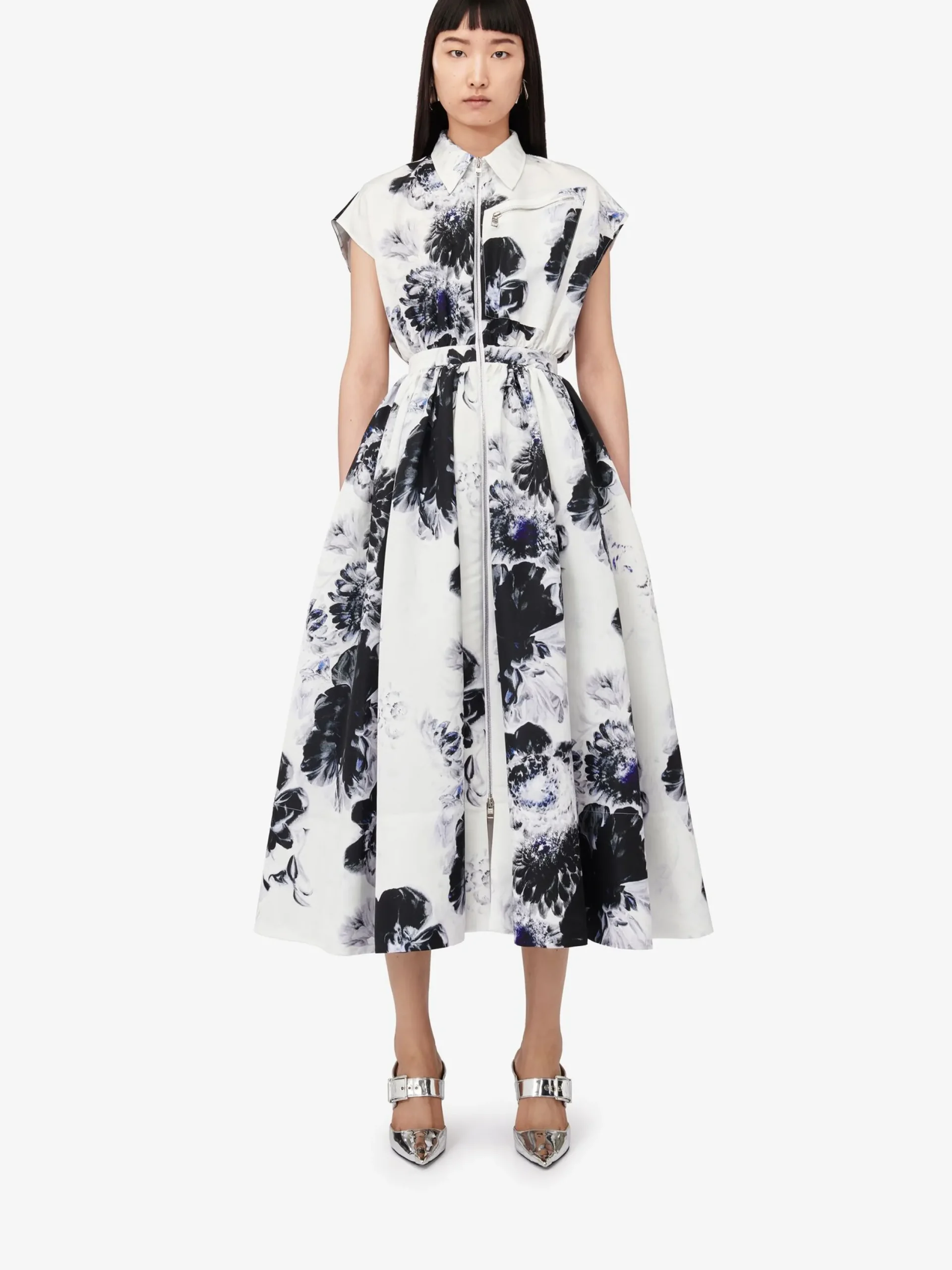 Clearance Alexander McQueen Women's Chiaroscuro Shirt Dress in White/Black/Electric Blue