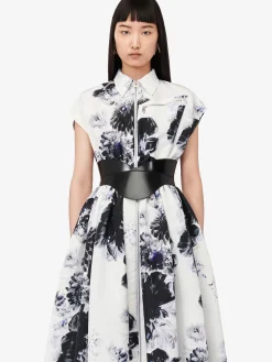 Clearance Alexander McQueen Women's Chiaroscuro Shirt Dress in White/Black/Electric Blue