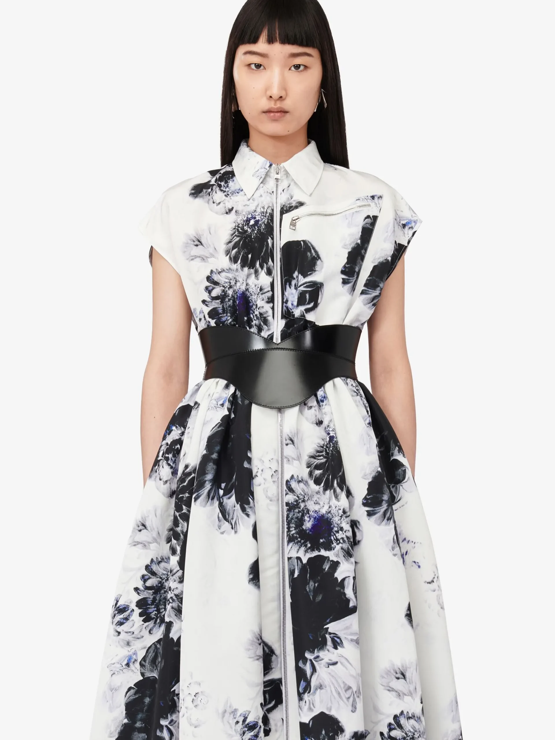 Clearance Alexander McQueen Women's Chiaroscuro Shirt Dress in White/Black/Electric Blue