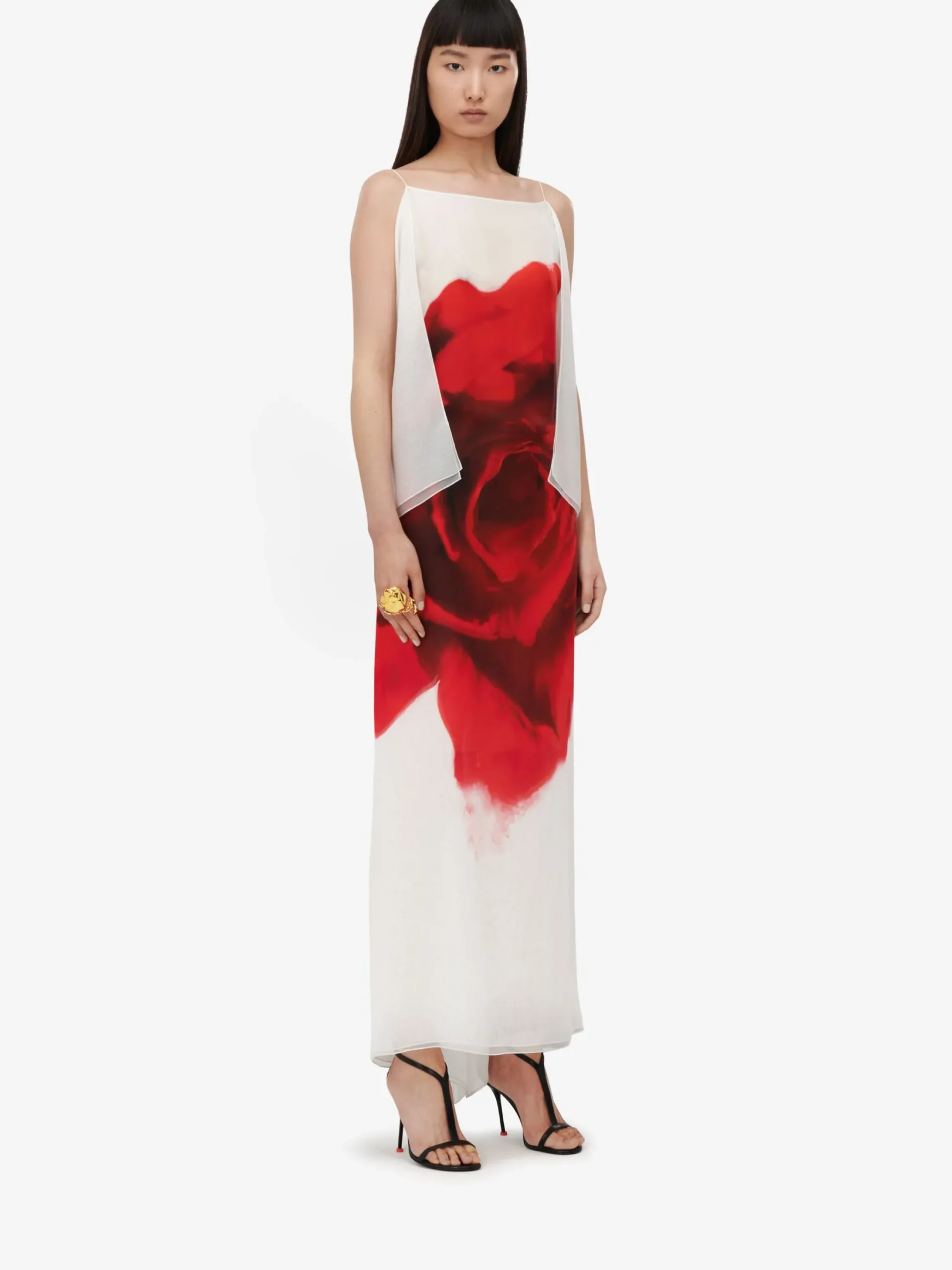 Cheap Alexander McQueen Women's Chiffon Bleeding Rose Slip Dress in Optic White