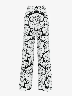 Discount Alexander McQueen Women's Damask Double Pleat Wide Leg Trousers in Black/Ivory