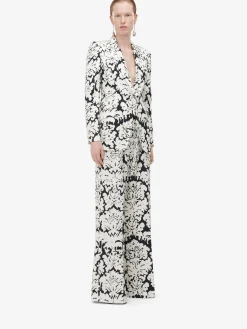 Discount Alexander McQueen Women's Damask Double Pleat Wide Leg Trousers in Black/Ivory