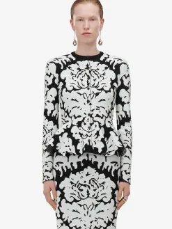 Best Sale Alexander McQueen Women's Damask Jacquard Pencil Skirt in Black/White