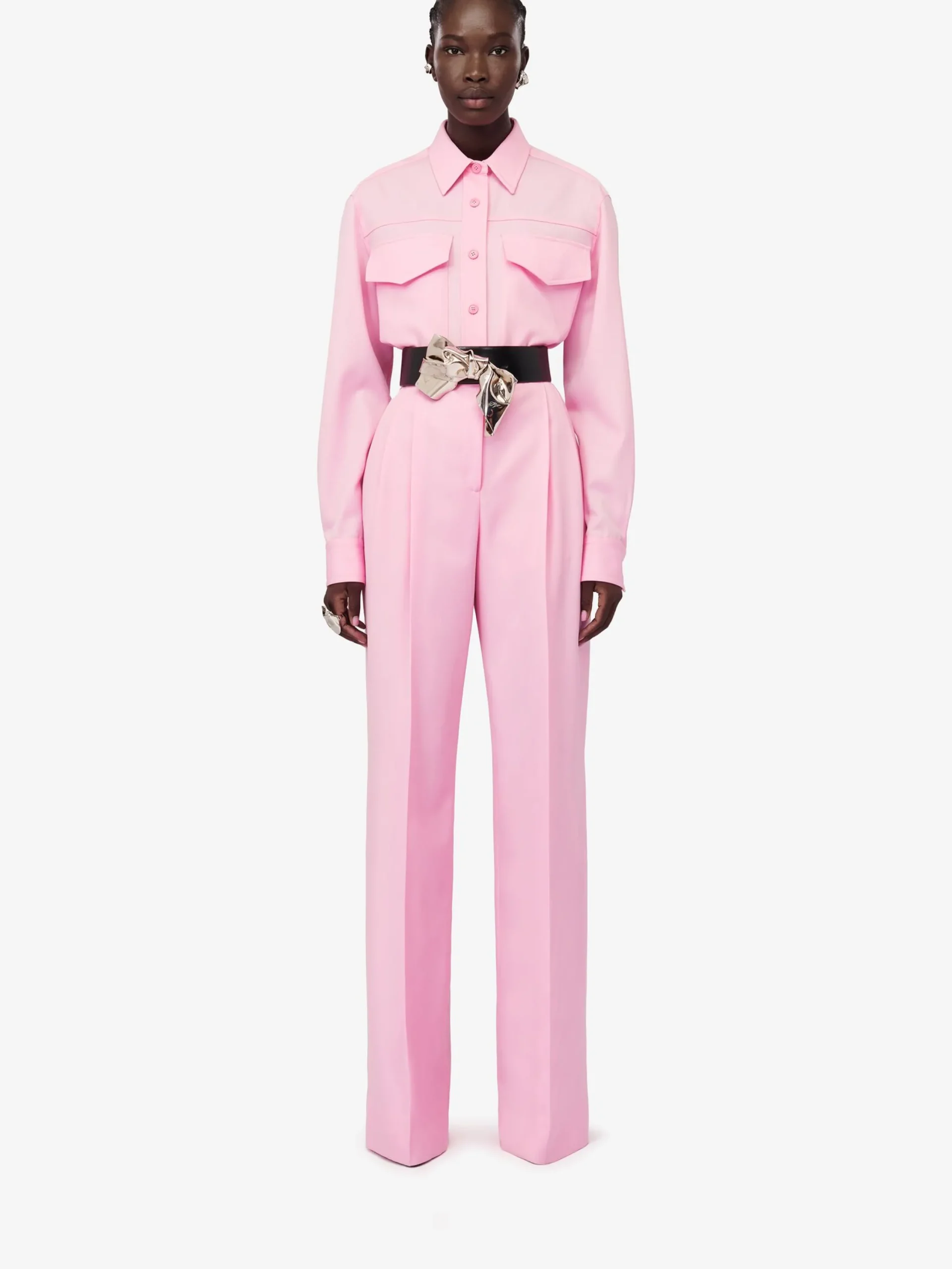 Discount Alexander McQueen Women's Double Pleat Wide Leg Trousers in Pale Pink