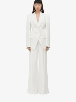 Shop Alexander McQueen Women's Double Pleat Wide Leg Trousers in Ivory