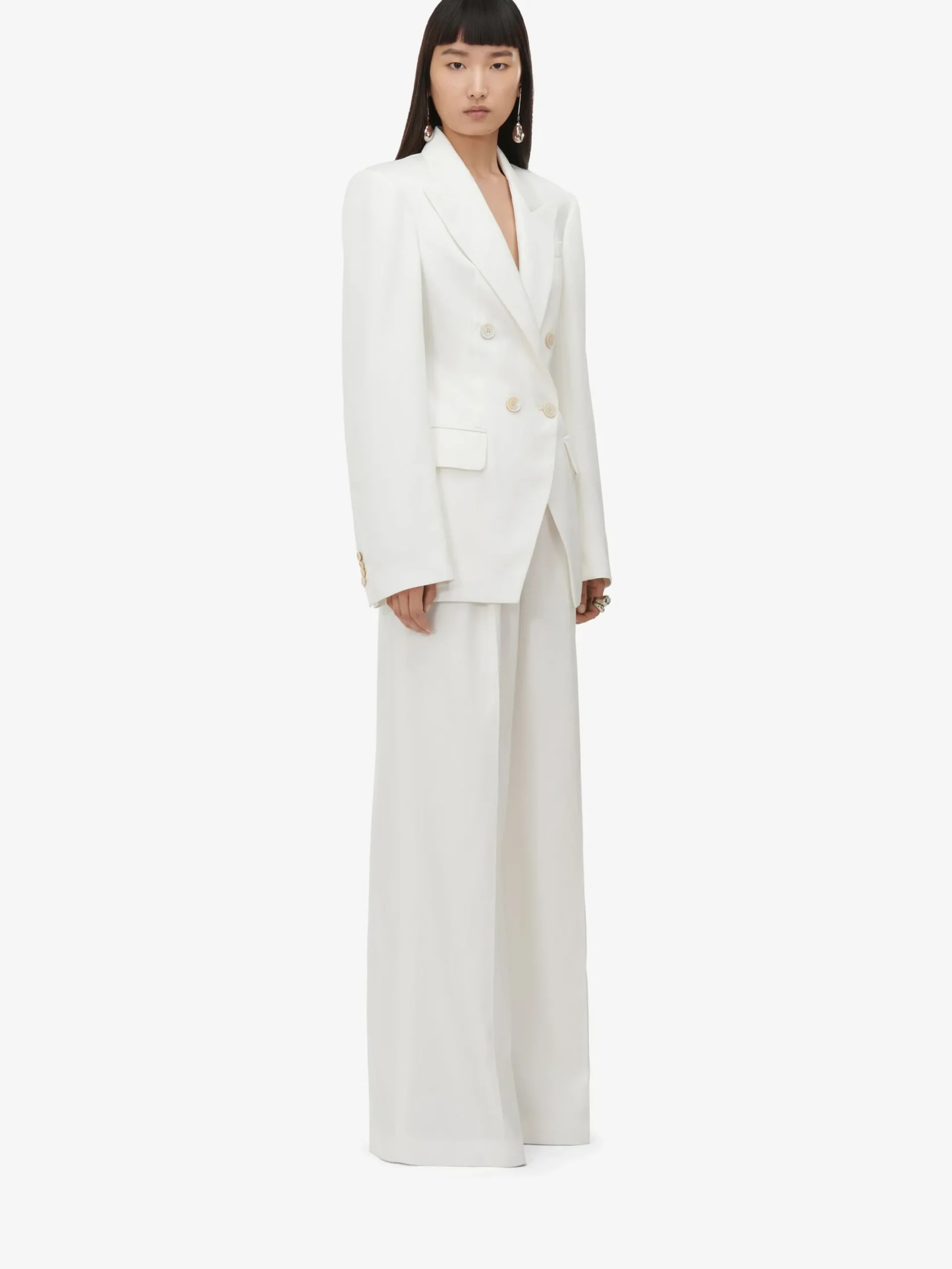 Shop Alexander McQueen Women's Double Pleat Wide Leg Trousers in Ivory