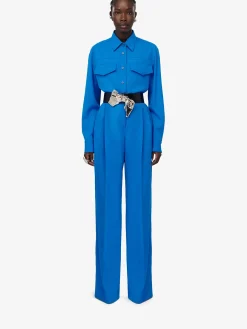 Flash Sale Alexander McQueen Women's Double Pleat Wide Leg Trousers in Lapis Blue
