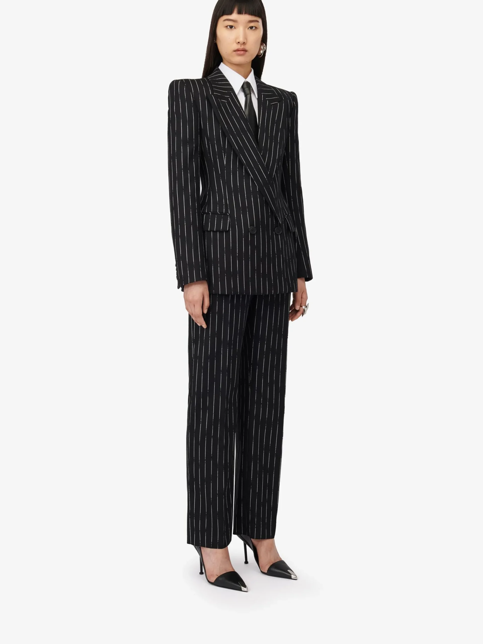 Best Sale Alexander McQueen Women's Double-breasted Broken Pinstripe Jacket in Black/Ivory