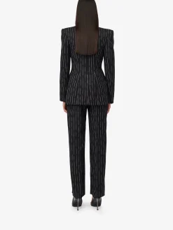 Best Sale Alexander McQueen Women's Double-breasted Broken Pinstripe Jacket in Black/Ivory