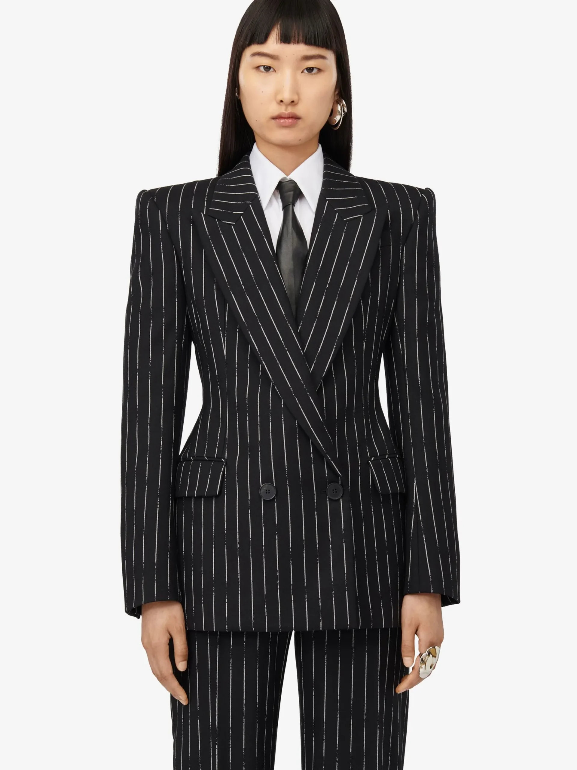 Best Sale Alexander McQueen Women's Double-breasted Broken Pinstripe Jacket in Black/Ivory