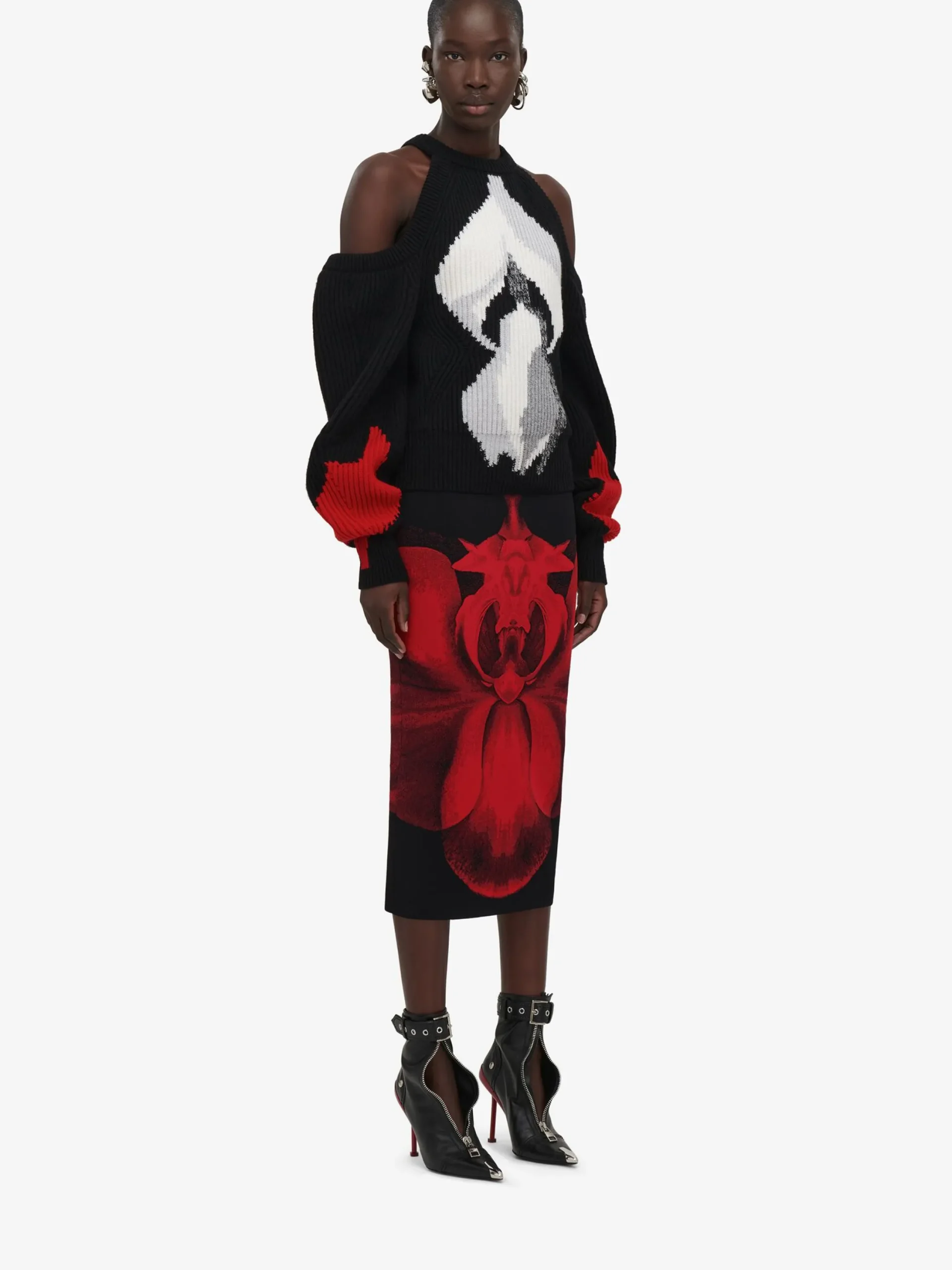 Flash Sale Alexander McQueen Women's Ethereal Orchid Pencil Skirt in Black/Red