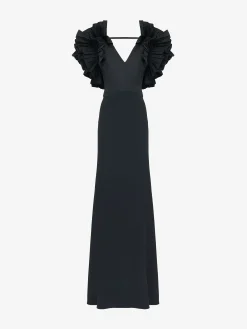 New Alexander McQueen Women's Exploded Shoulder Evening Dress in Black