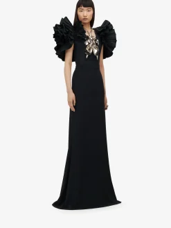 New Alexander McQueen Women's Exploded Shoulder Evening Dress in Black
