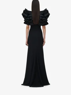 New Alexander McQueen Women's Exploded Shoulder Evening Dress in Black