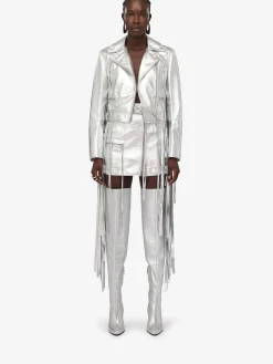 Outlet Alexander McQueen Women's Fringed Biker Jacket in Silver
