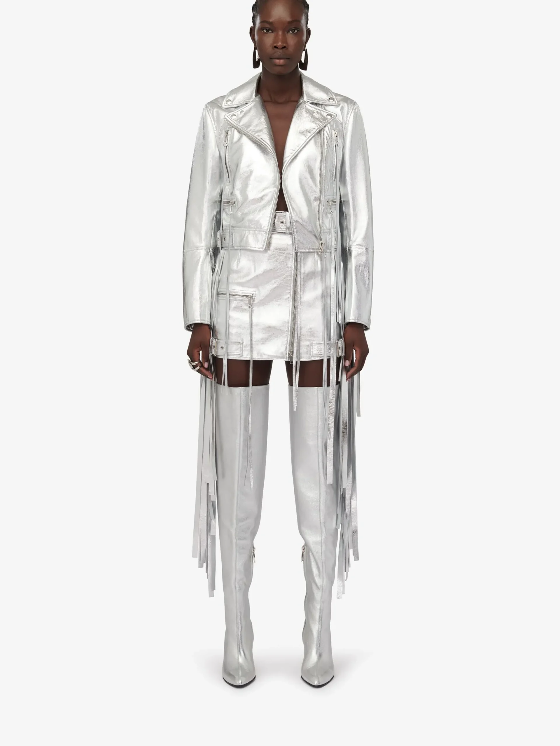 Outlet Alexander McQueen Women's Fringed Biker Jacket in Silver