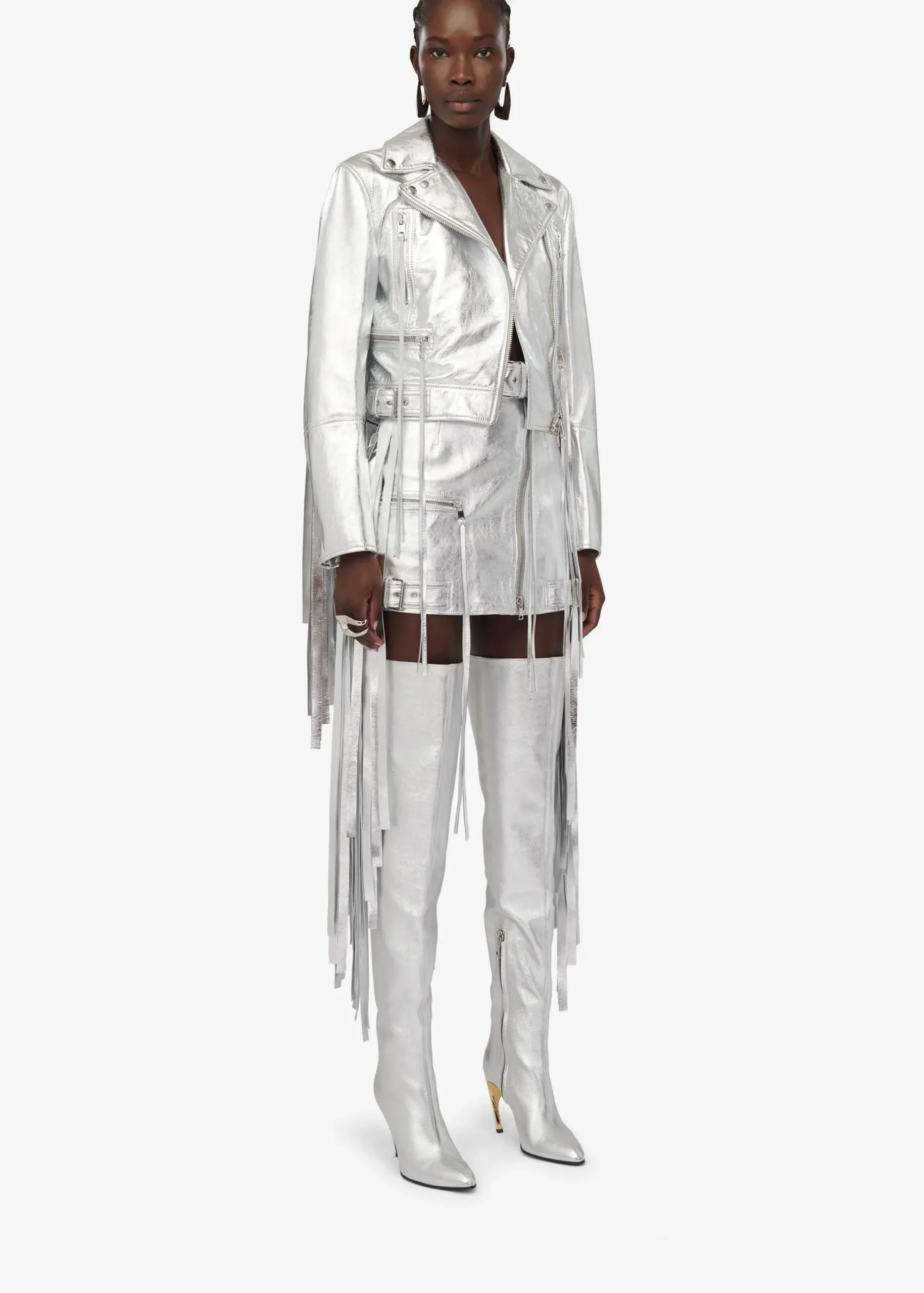 Outlet Alexander McQueen Women's Fringed Biker Jacket in Silver