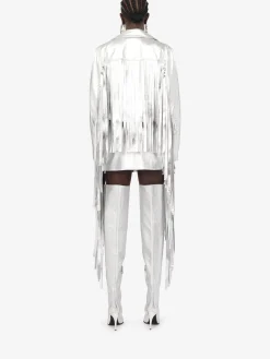 Outlet Alexander McQueen Women's Fringed Biker Jacket in Silver