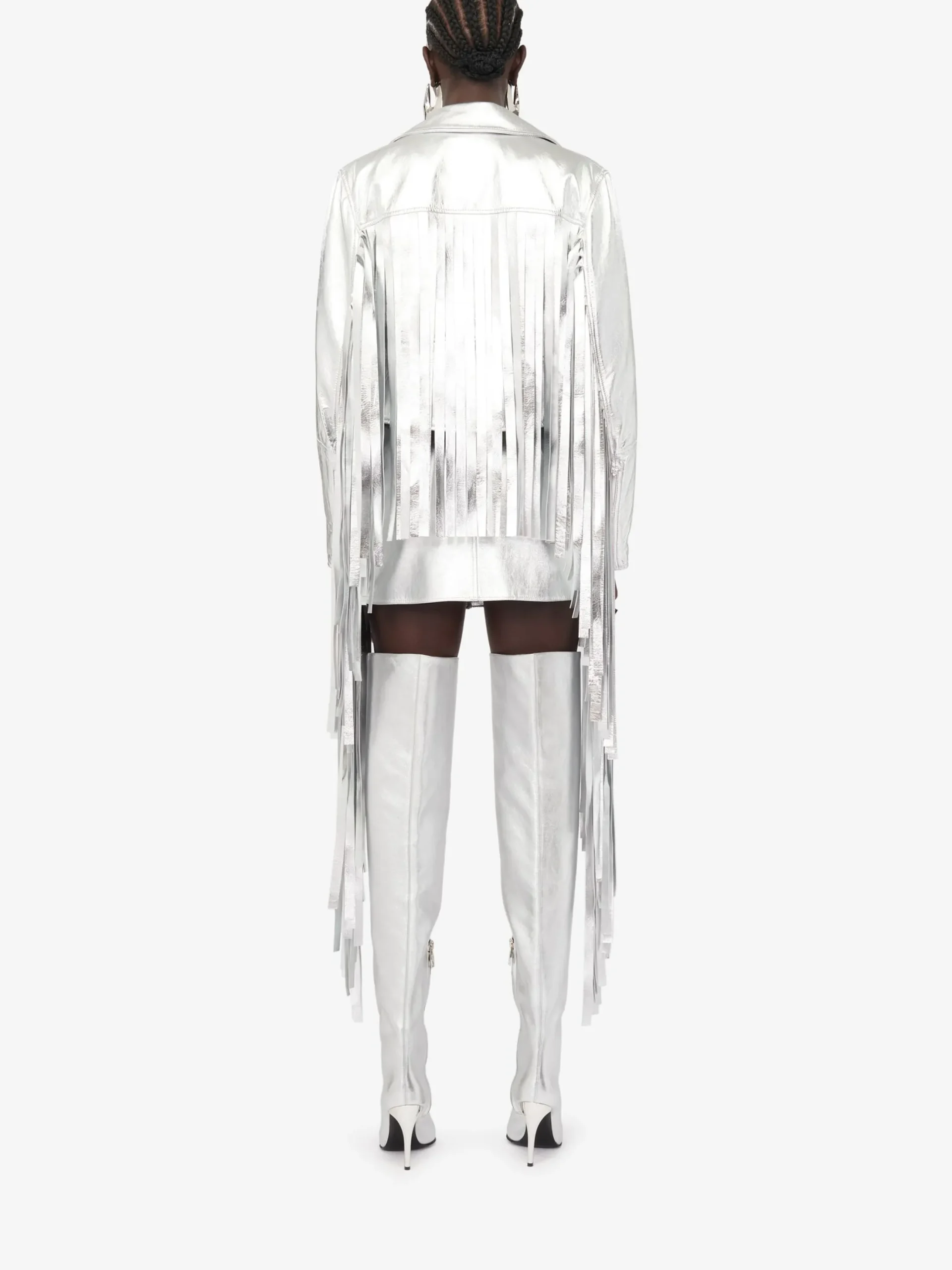 Outlet Alexander McQueen Women's Fringed Biker Jacket in Silver