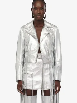 Outlet Alexander McQueen Women's Fringed Biker Jacket in Silver
