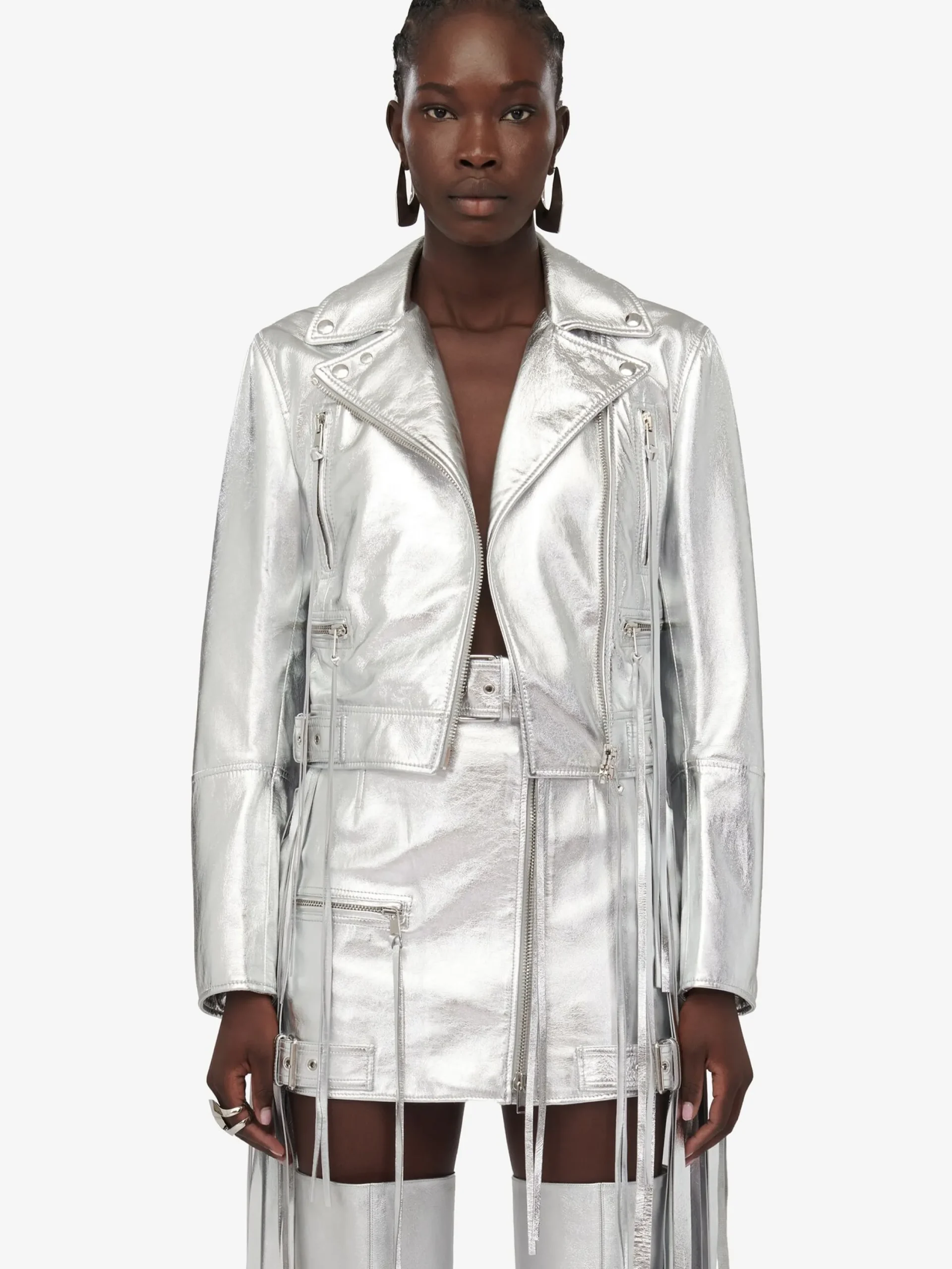 Outlet Alexander McQueen Women's Fringed Biker Jacket in Silver